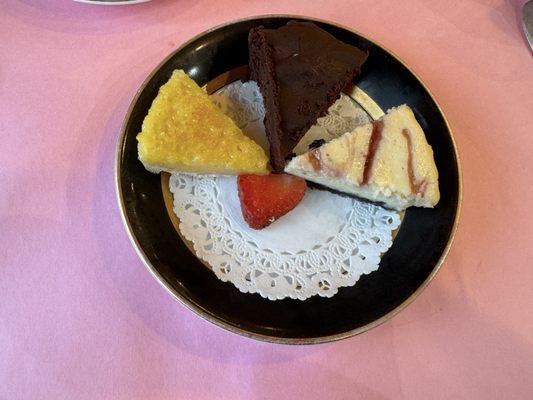 Sweets: raspberry chocolate cheesecake, flourless chocolate cake, lemon bar