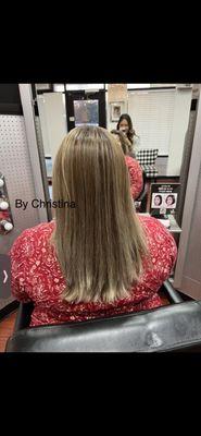 Transition from red to blonde with foilayage highlights by Christina