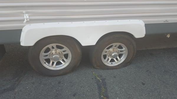 Or 32' trailer got a flat tire on the way home from a camping trip. The owner change the tire in less then 30 min. Thank you.