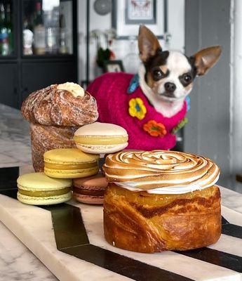 Lemon meringue croissant, macarons, cruffin