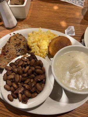 Meatloaf with Hashbrown Casserole, Dumplins, and Pinto Beans, and cornbread