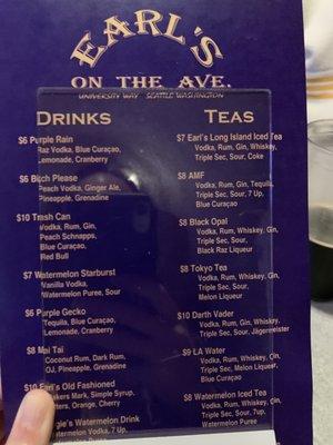 Drink menu as of September 2021