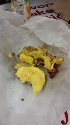 Not much left. Bacon egg cheese on a Multigrain croissant.  Fresh and delicious!