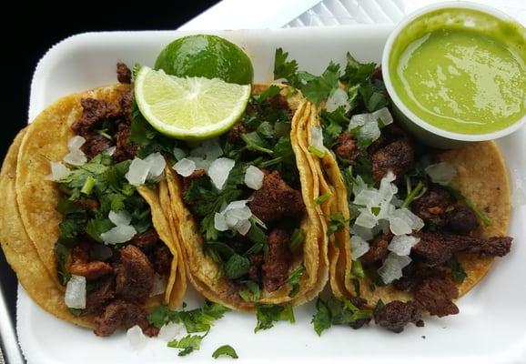 Three mini-tacos, Carne Asada, cooked to order for a ridiculous $5! Crazy spicy and delicious!