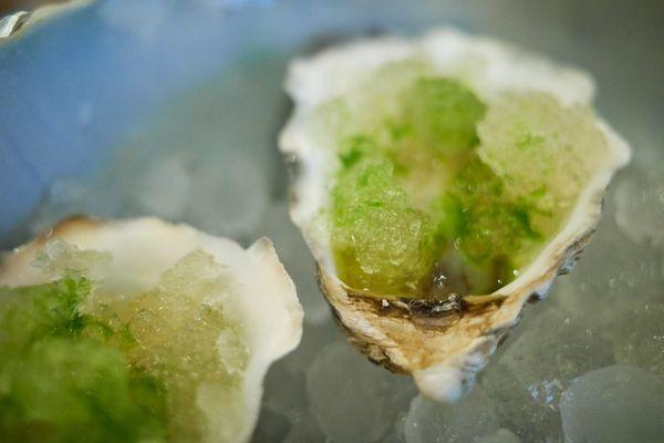 "Seasonal snack set" - higata oyster w/ white kim chee and tomato