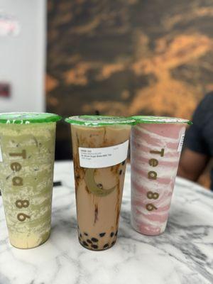 Left to right: Thai Green Tornado with Puff, Brown Sugar Boba, and Strawberry Stormy with Cheese