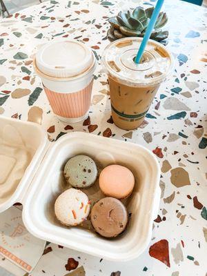 Cappuccino, iced latte, and macarons