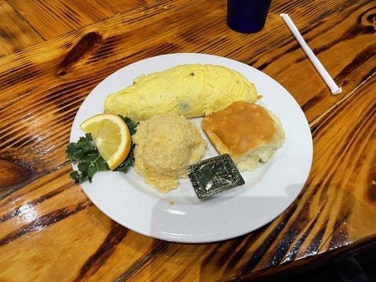 Josie's Dad's omelette with the house made cheese grits casserole.