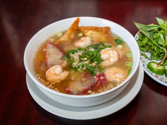 Egg Noodle with BBQ Pork, Shrimp, and Deep Fried Wonton