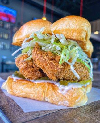 BAD MUTHA CLUCKA - two crispy fried chicken tenders, miso ranch, dill pickle slices, lettuce