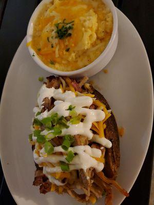 Pork spud with cheese grits.... combined them and ate together!