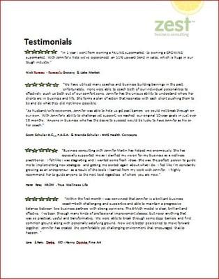 Zest Business Consulting - Jennifer Martin Business Coach - Testimonials