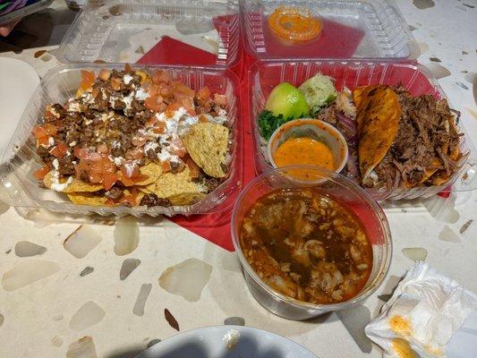 Tacos Birria w/ Consume (plain lackluster tacos and consume)  Steak super nachos (stale chips)