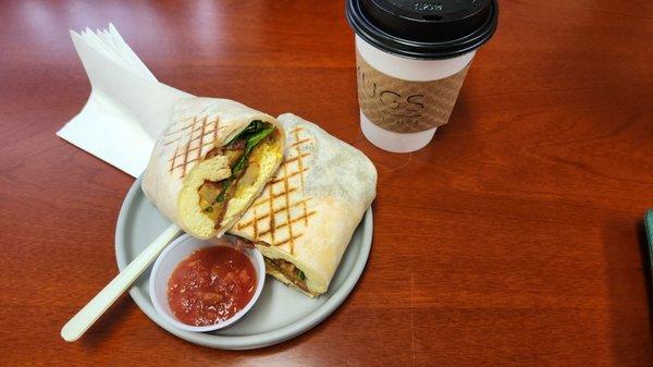 Breakfast burrito and a chai with coconut milk