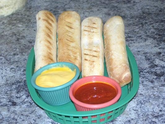 Stuffed Stix with pizza sauce and nacho cheese.