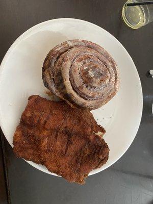 Half frozen cinnamon roll and chicken cutlet