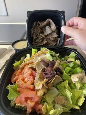 Greek Salad with Chicken Gyro, with side of Classic Gyro.