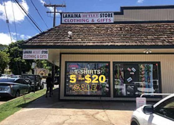 We are Open! We Follow CoVid 19 Guidelines. 5 T-Shirts for $20. Lahaina Outlet Store in Maui. Souvenir Shop in Hawaii.