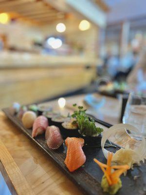 premium sushi: nigiri of toro, zuke sake, zuke chutoro, kasugodai, hotate, kanpachi  & chef selection roll (April 2023, dinner)