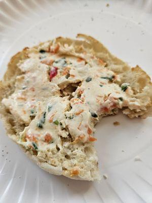 Veggie cream cheese on english muffin.