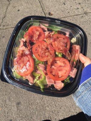 Salad ($6.99) with double meat (+$1.50) and bacon (+$1). $10.33.