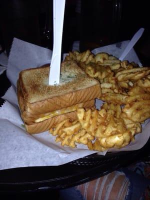 Massive 3 level grilled cheese n waffle fries. A 6 dollar no brainer.