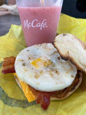 Banana Strawberry Smoothie with egg, cheese, bacon McMuffin