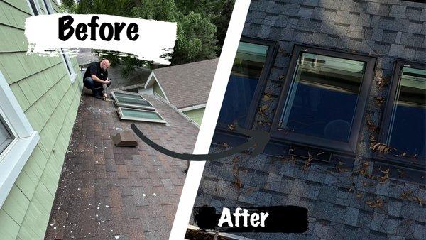 Owner Shane Rosenow Inspecting skylights before and photo of the completed skylight installation after.