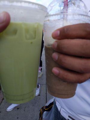 Matcha latte and cookies and cream latte