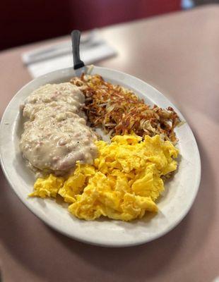 Country Special (2 biscuits with smothered country gravy, 3 eggs, 2 patty sausages & hash browns)