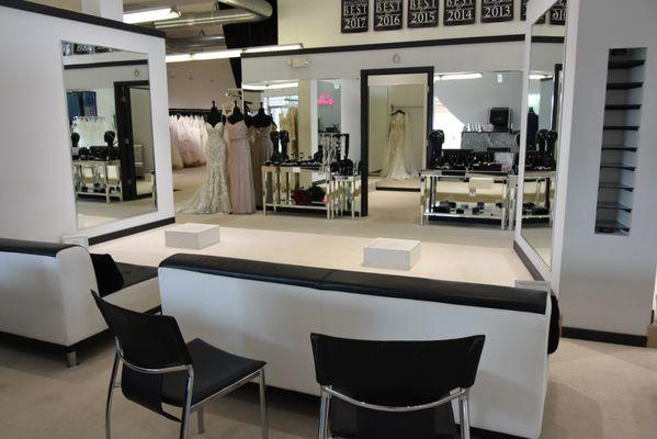 Comfortable seating outside of your private bridal fitting room.