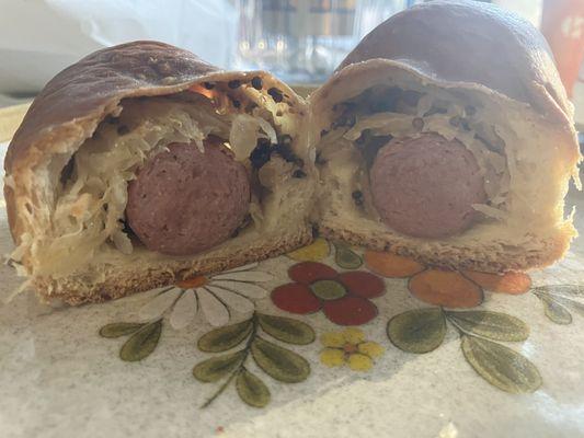 Polish sausage and kraut kolache. Good mustard in there too. 28DEC23