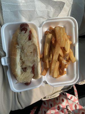 Hot dog with sauerkraut and a small order of French fries.