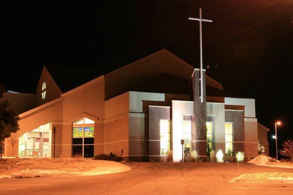 The outside of the church can be seen from Parker Road