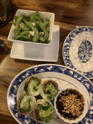 Garlic edamame and spring rolls