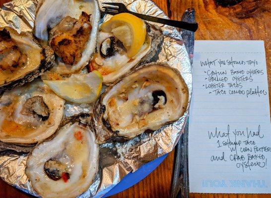 Crab baked oysters and Hayley's suggestions!