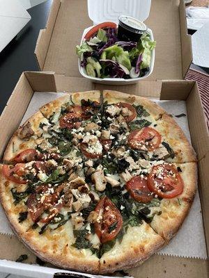 Chicken Rústica Pizza and House Salad (too much onion). Good pizza!