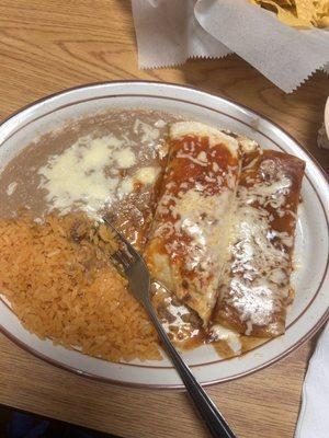 Enchilada, burrito, rice, and beans