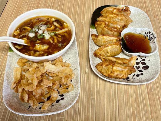 Hot & Sour Soup with Crunchy Wonton Strips! Fried Chicken Dumplings!