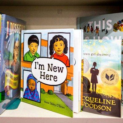 A display of a few books about diversity in schools.