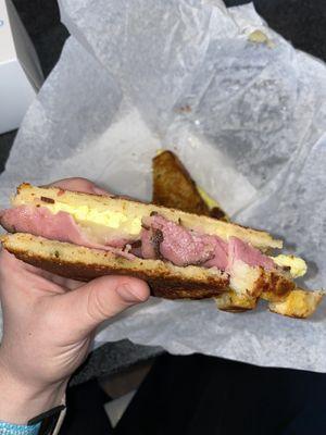 Pastrami breakfast sandwich