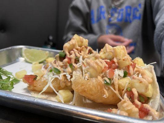 Pompeii Shrimp Tacos. Huge shrimp. Topped to perfection.