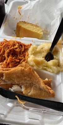 Catfish, spaghetti, mashed potatoes.