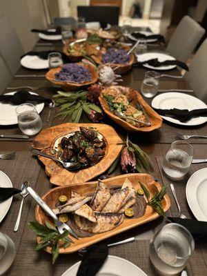 A family style feast of locally line caught Snapper, Molokai sweet potatoes, Szechuan fried eggplant & bbaby bok choy and fried lotus root.