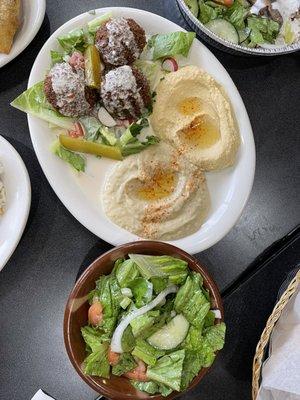 Salad, Hummus, Baba Ghanuj and Falafel