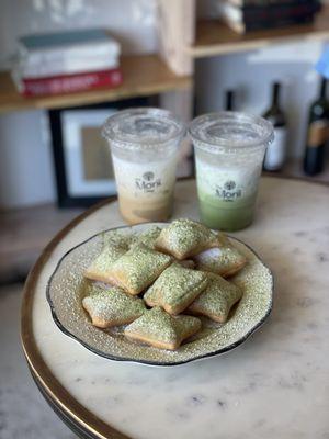 ig: @whatsviveating  |  iced coconut vietnamese coffee, iced coco matcha, and matcha beignets