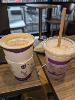 Brown gray latte and lavender frozen lemonade