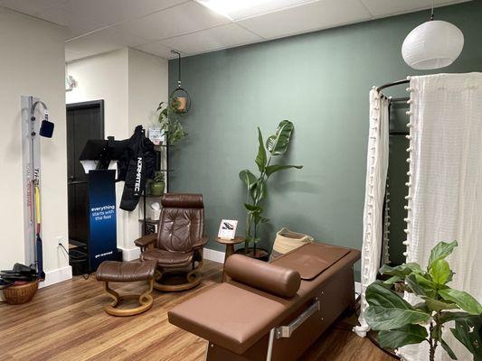 Rehab room featuring intersegmental traction, Normatec massage, TriFlex rehab machine