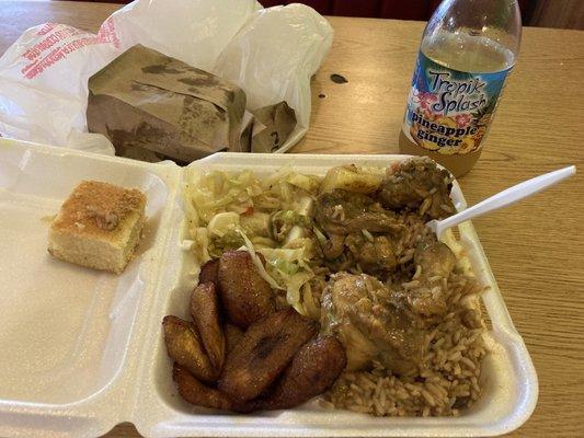 Curry Chicken, cabbage, Plantains, Coco Bread, corn bread, pineapple/ginger drink.