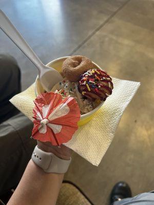 Chocolate chip cookie dough ice cream with glazed donuts